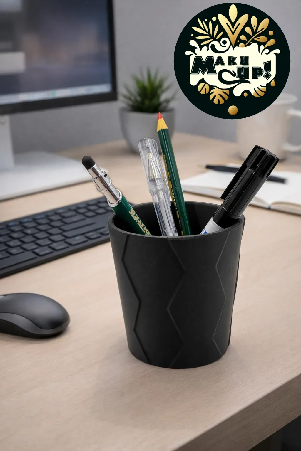 Maku Up! Moderner Becher mit Rautenmuster | Stiftehalter Schreibtisch | Zahnbürstenbecher Badezimmer | Minimalistischer Organizer Schwarz