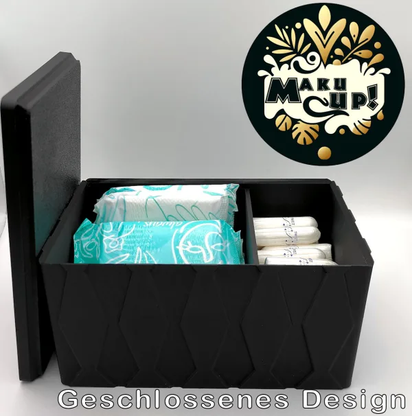 Maku Up! Binden & Tampon Organizer | Geschlossenes Design | Moderne Periodenbox | Hygienebox fürs Bad | 3D-gedruckt mit Rautenmuster
